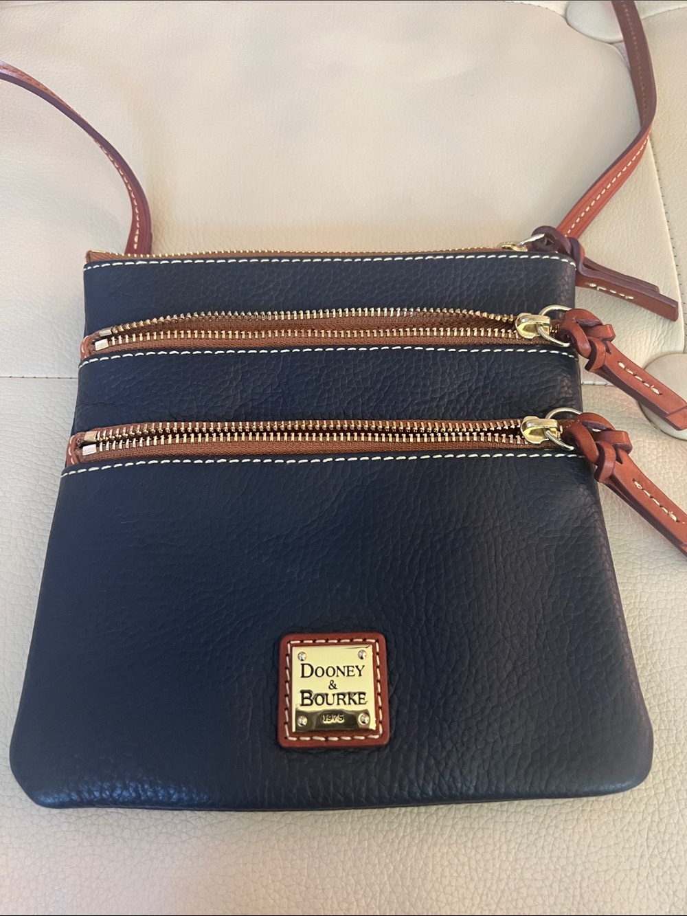Dooney & Bourke Black Leather Crossbody with Tan Trim and Gold Hardware